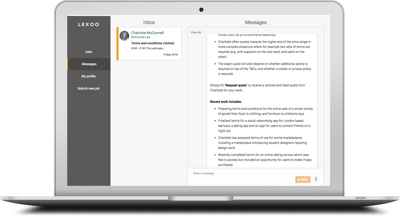 Shows the messaging and contact options for clients and lawyers